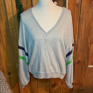 BDG Heather Grey Clyde V-Neck Sweatshirt with Blue and Green Stripes